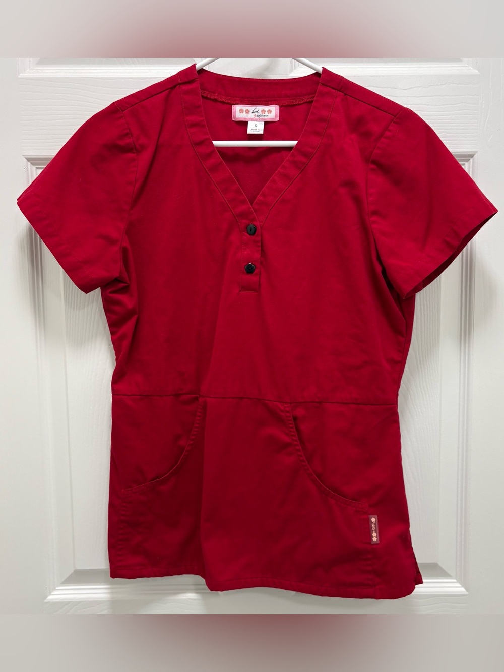 koi Women's Red V-Neck Button Scrub Tunic